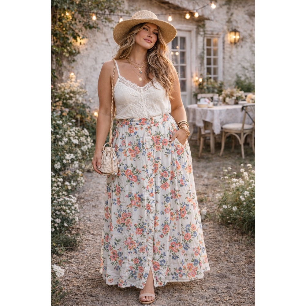Floralβ Button Front Maxi Skirt 100% Rayon Cottagecore Coastal Boho Womens 14